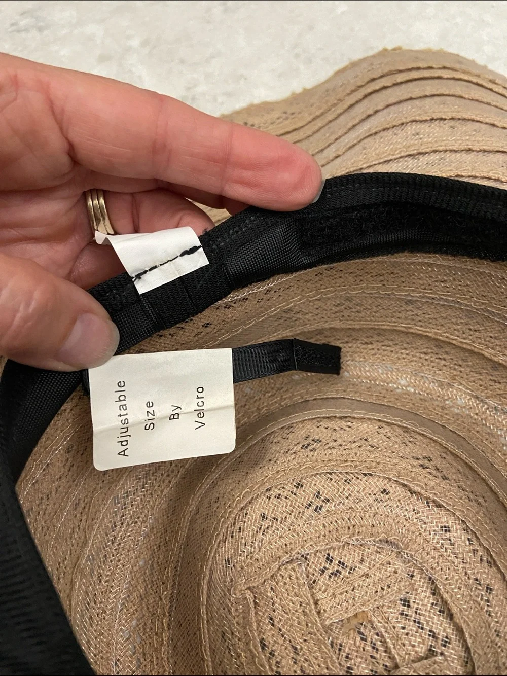 Women’s Wide Brim Adjustable Crochet Sun Hat - Tan with faux leather accent.